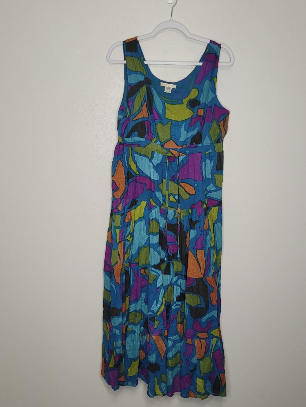 Vasna blue purple geometric artsy drawstring waist pull over dress size large